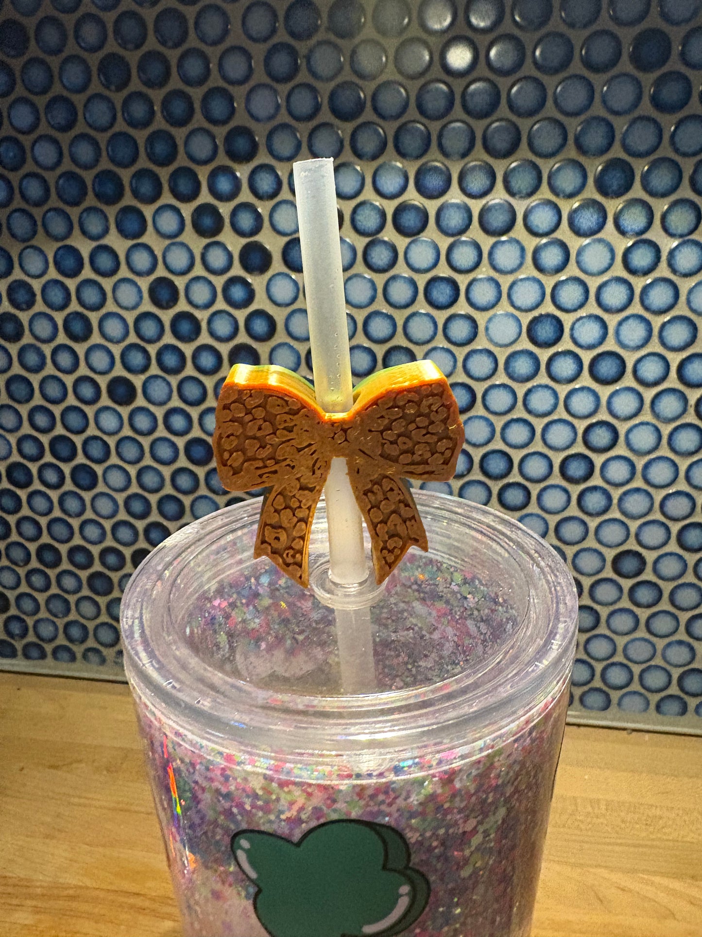 Straw topper cheetah print bow