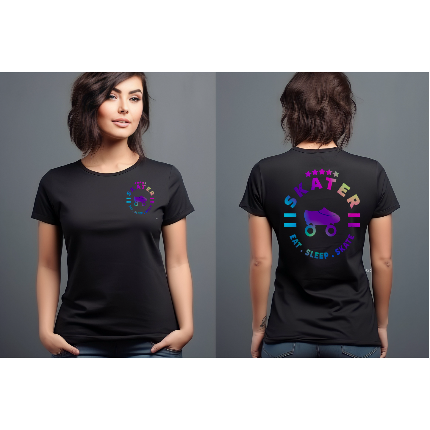 NEW!!!! Skater Eat.Sleep.Skate Graphic T-Shirt (Rainbow MIX) Women's