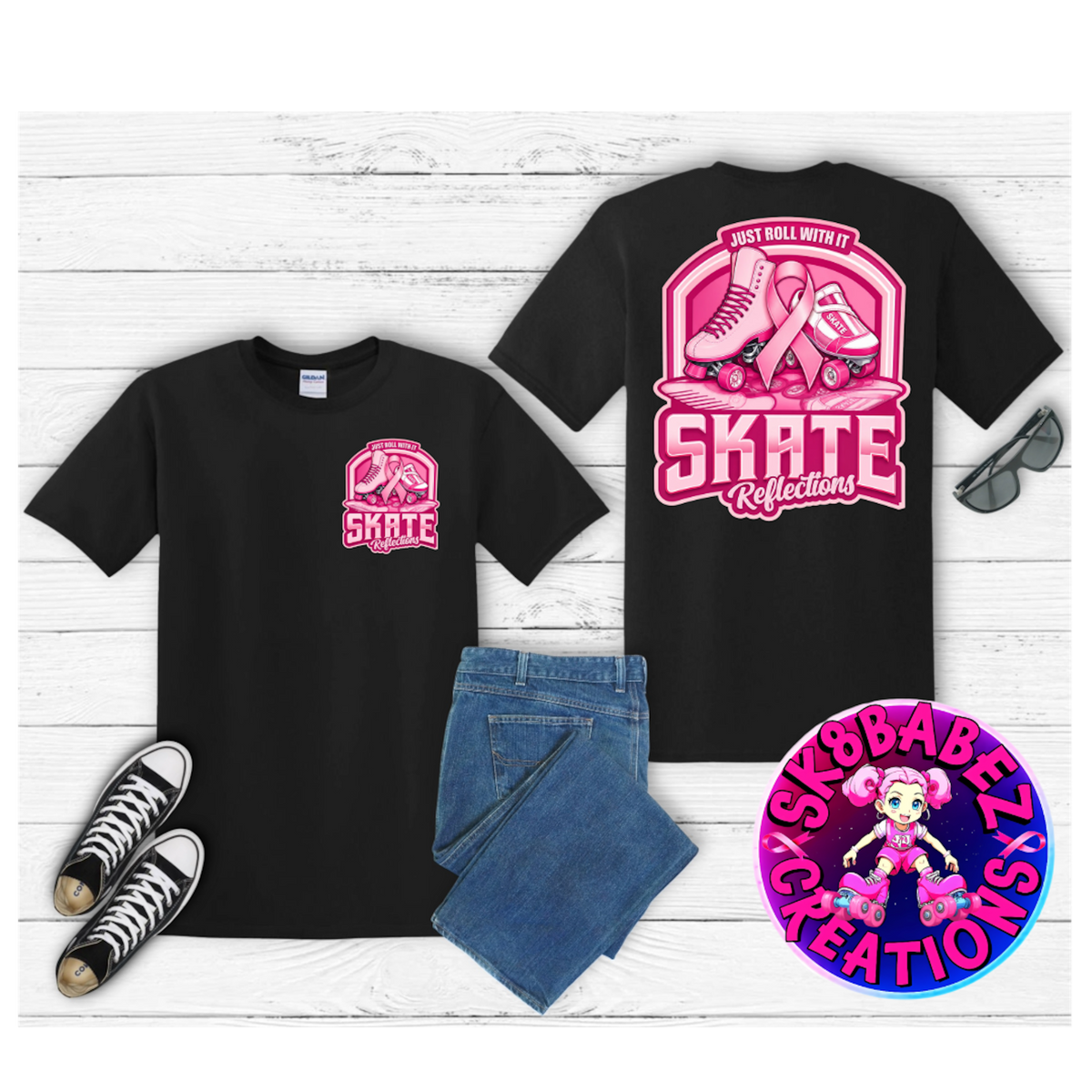 Skate  Reflections “Just Roll With It” Breast Cancer Awareness Shirt